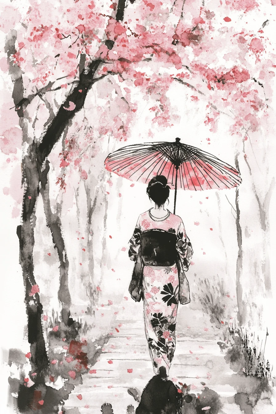 Mujer japonesa con kimono entre cerezos en flor bajo la lluvia