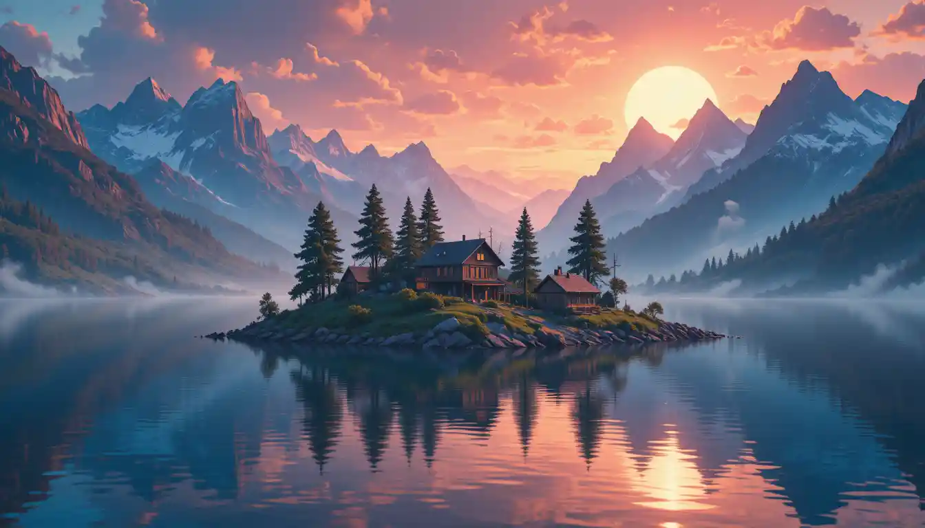 Pixelart-Bergseedorf bei Sonnenuntergang mit Hütten