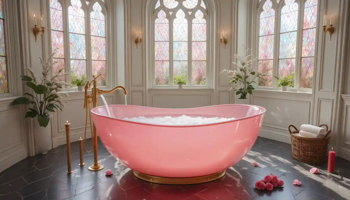 Romantic cathedral bathroom with glowing crystal heart bathtub
