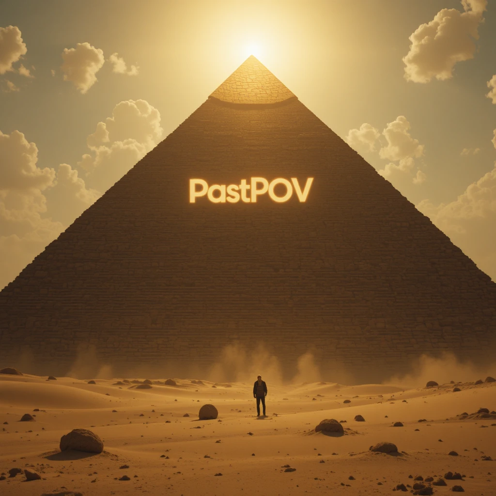 Low angle pyramid tip rising into glowing cinematic sky