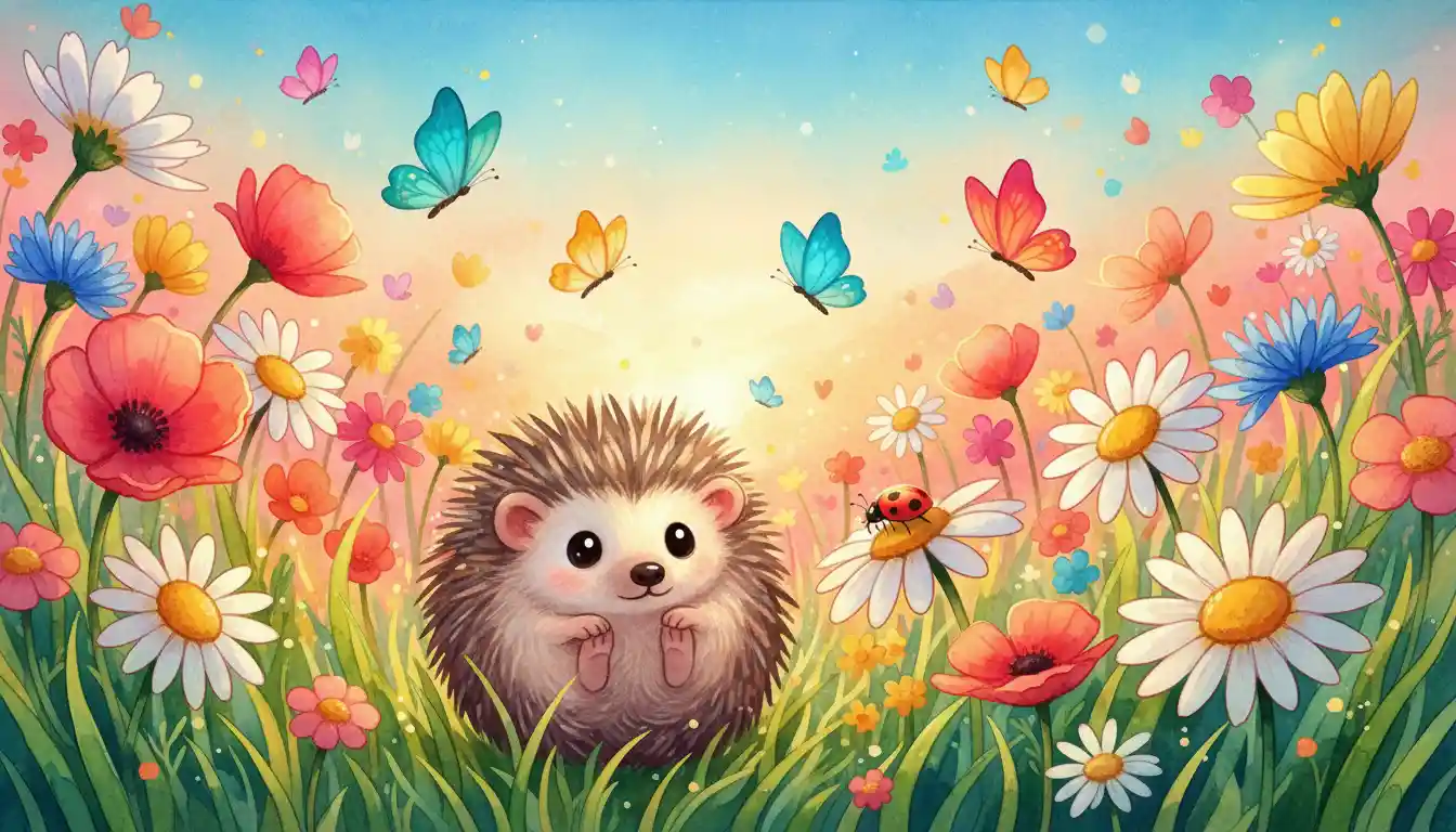 Hedgehog Curled Among Wildflowers In Warm Sunset Meadow
