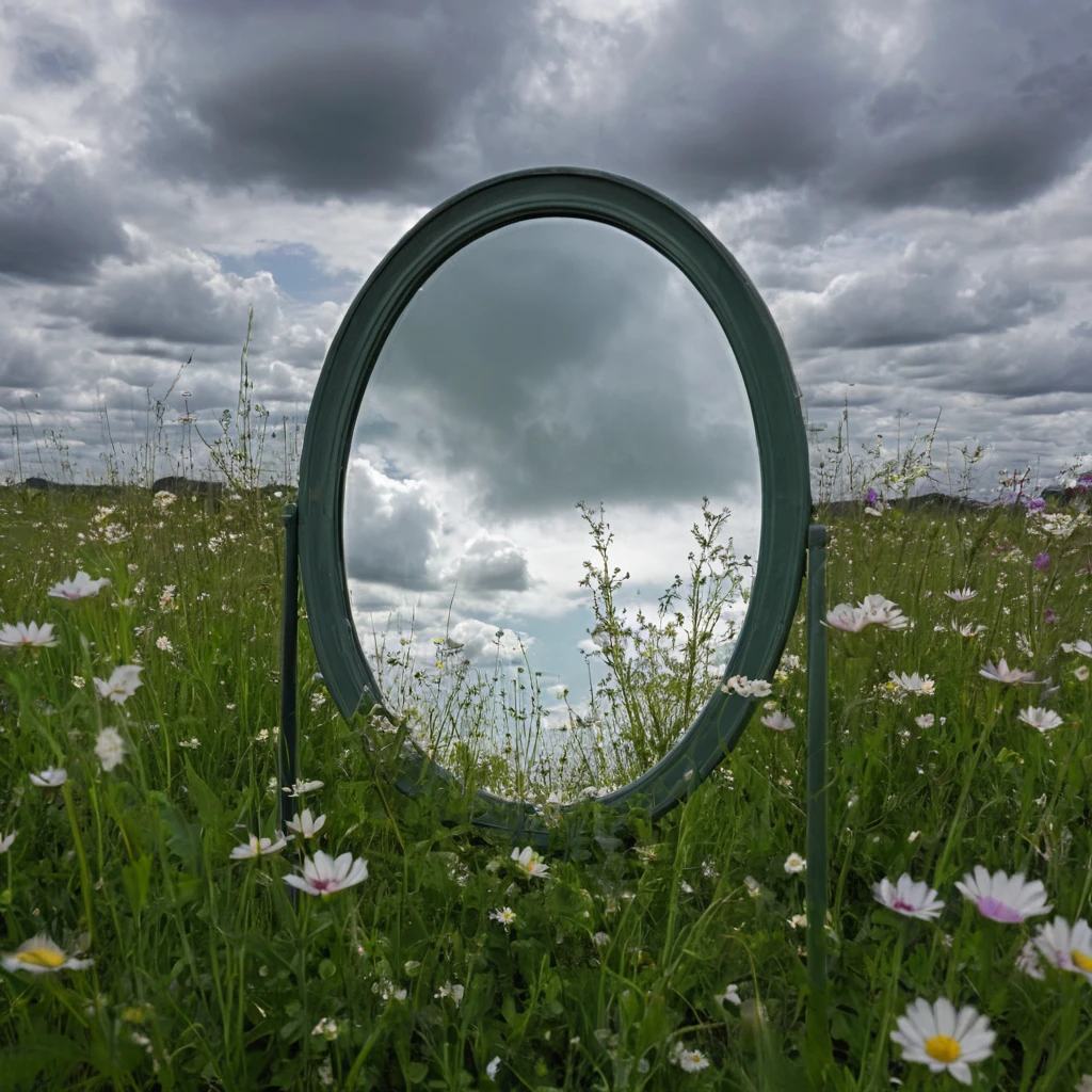 Broken mirror pieces reflecting a gray rainy sky