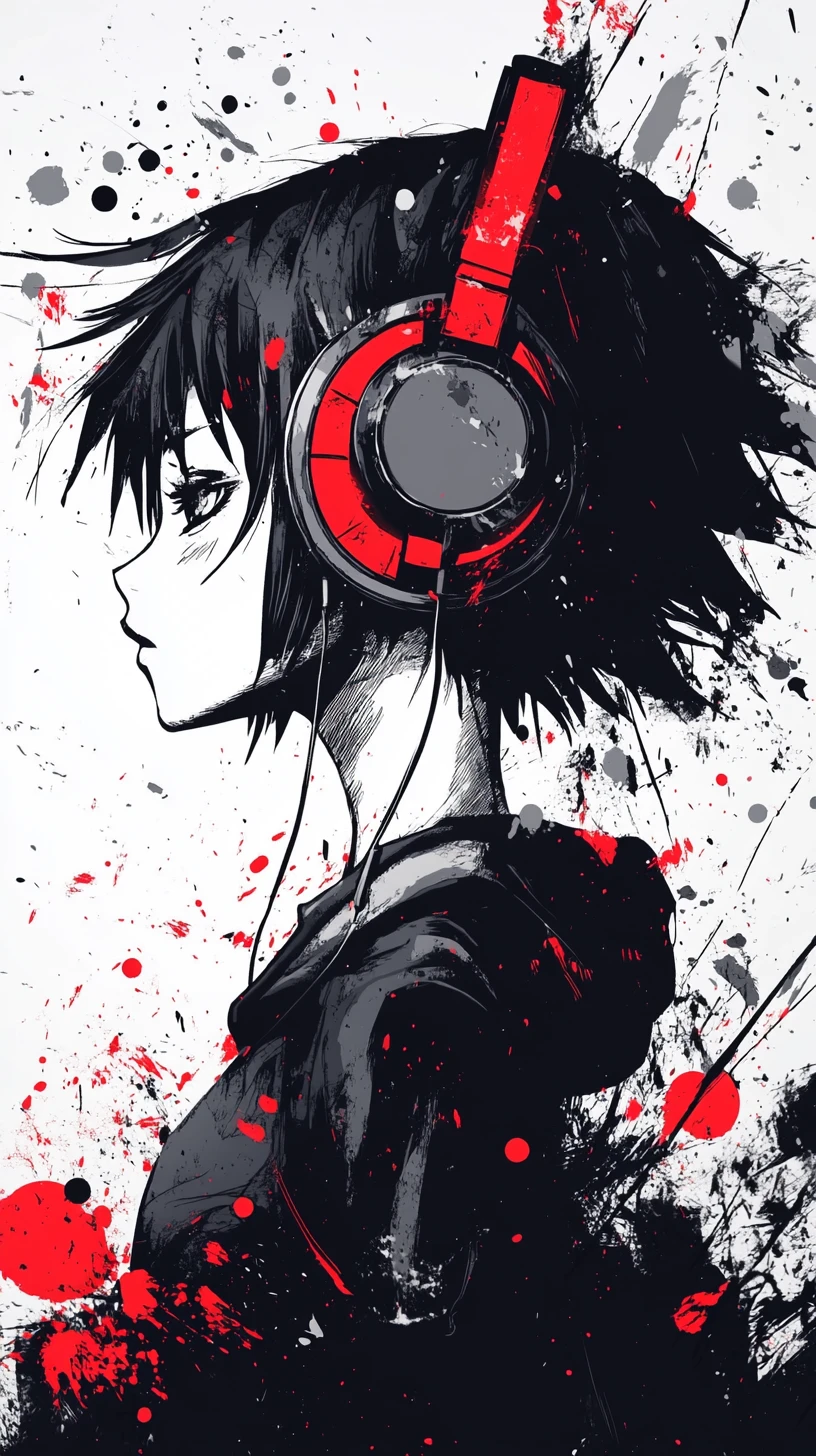Anime girl with headphones in dynamic manga ink style