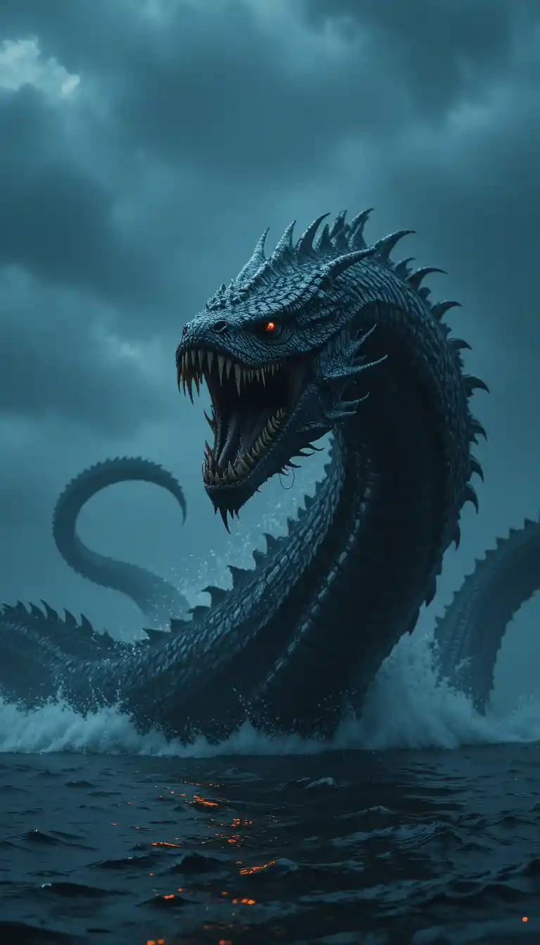 Enormous sea serpent rising from the dark ocean depths