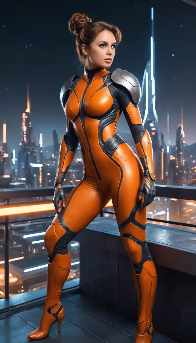 Sci fi woman in orange armor on futuristic terrace