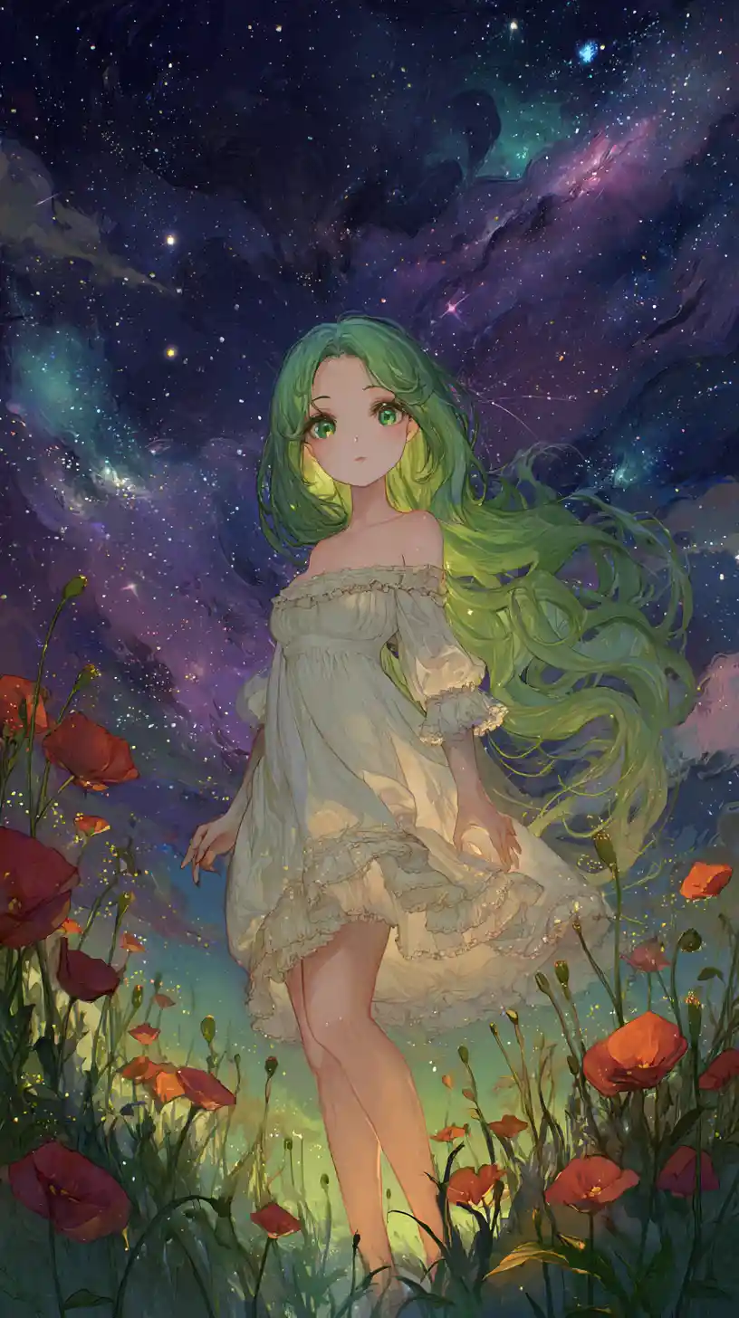 Anime-Mädchen auf einer verzauberten Wiese unter kosmischen Sternen