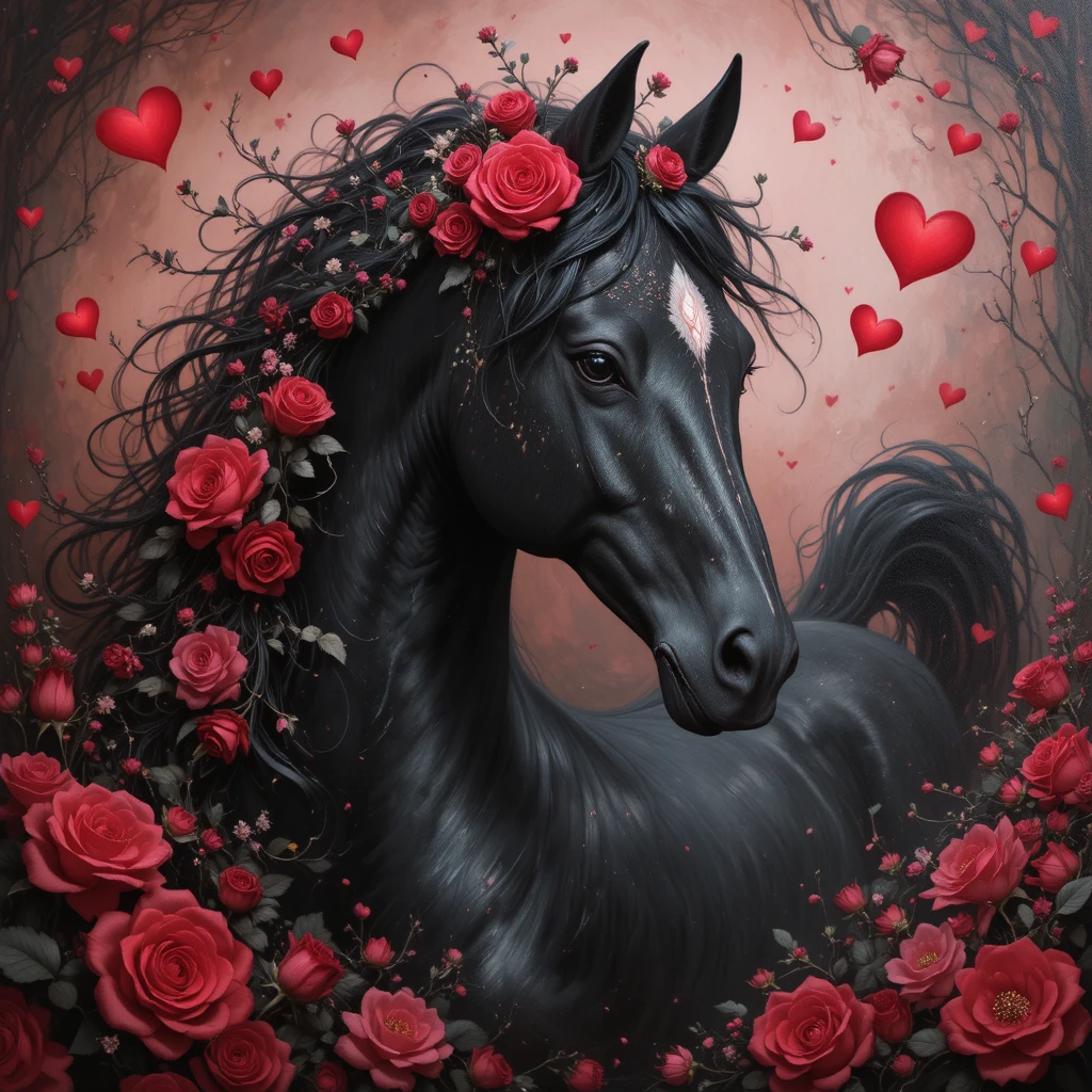 Caballo negro con rosas rojas en una escena de fantasía romántica