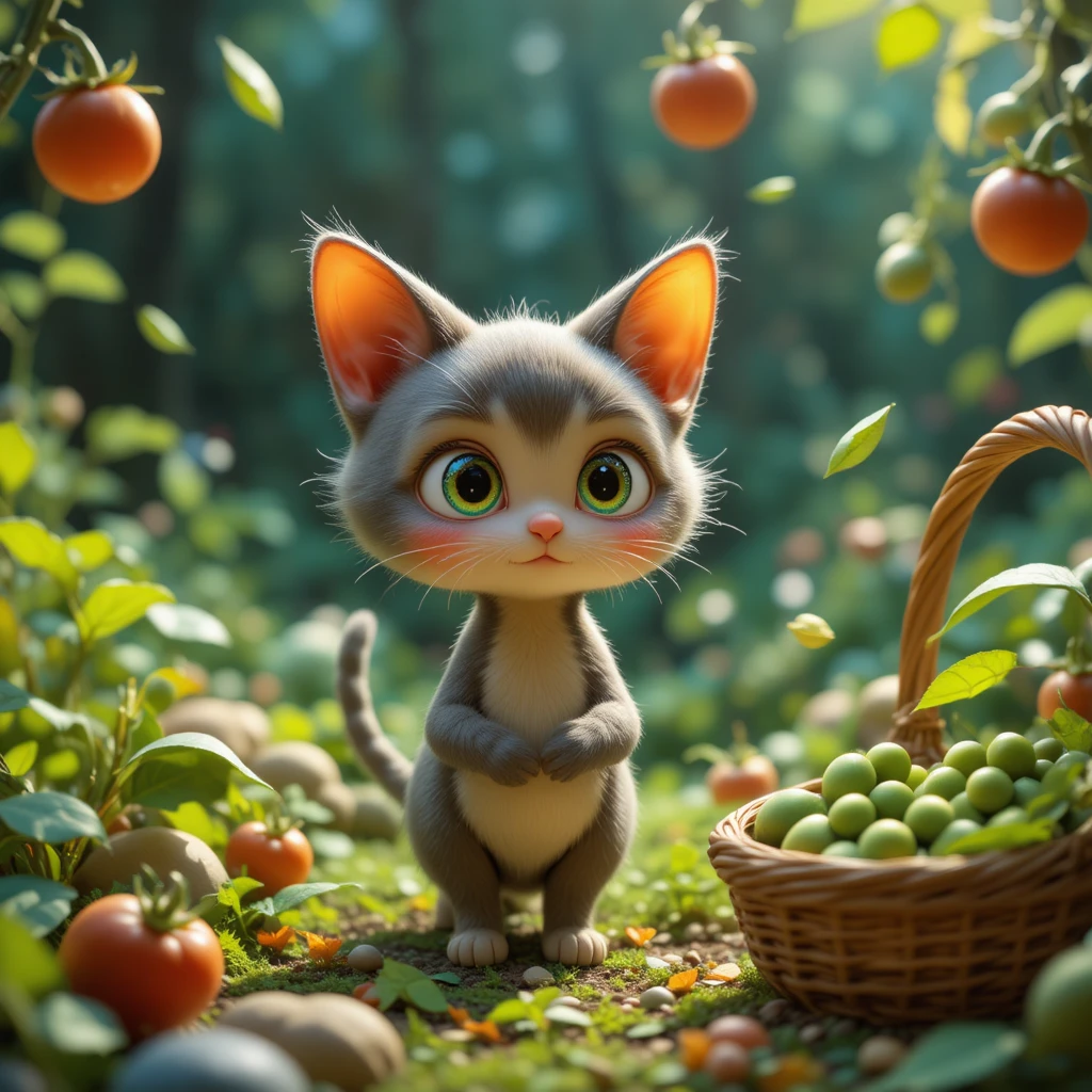 Gatto 3D cartoon in un giardino magico