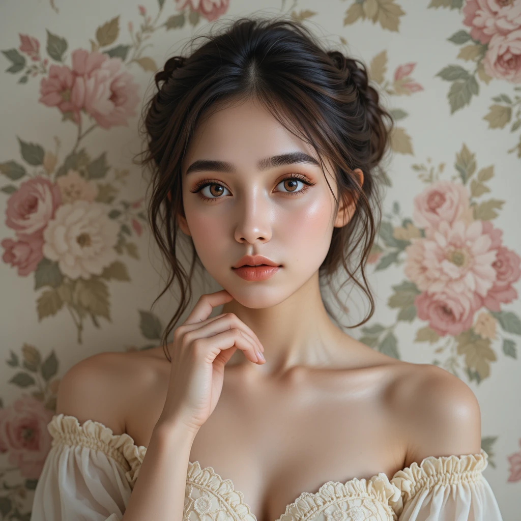 Young woman in soft light against floral vintage wallpaper