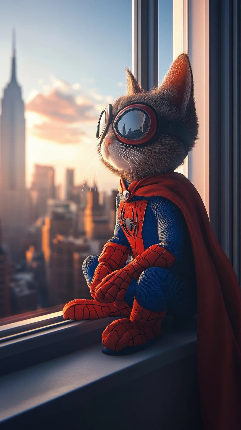 Gatito juguetón con disfraz de superhéroe en el alféizar con vista a la ciudad