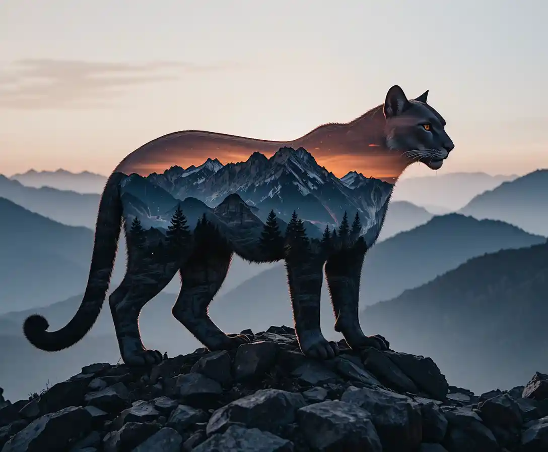 Doble exposición de silueta de león con atardecer luminoso en la montaña