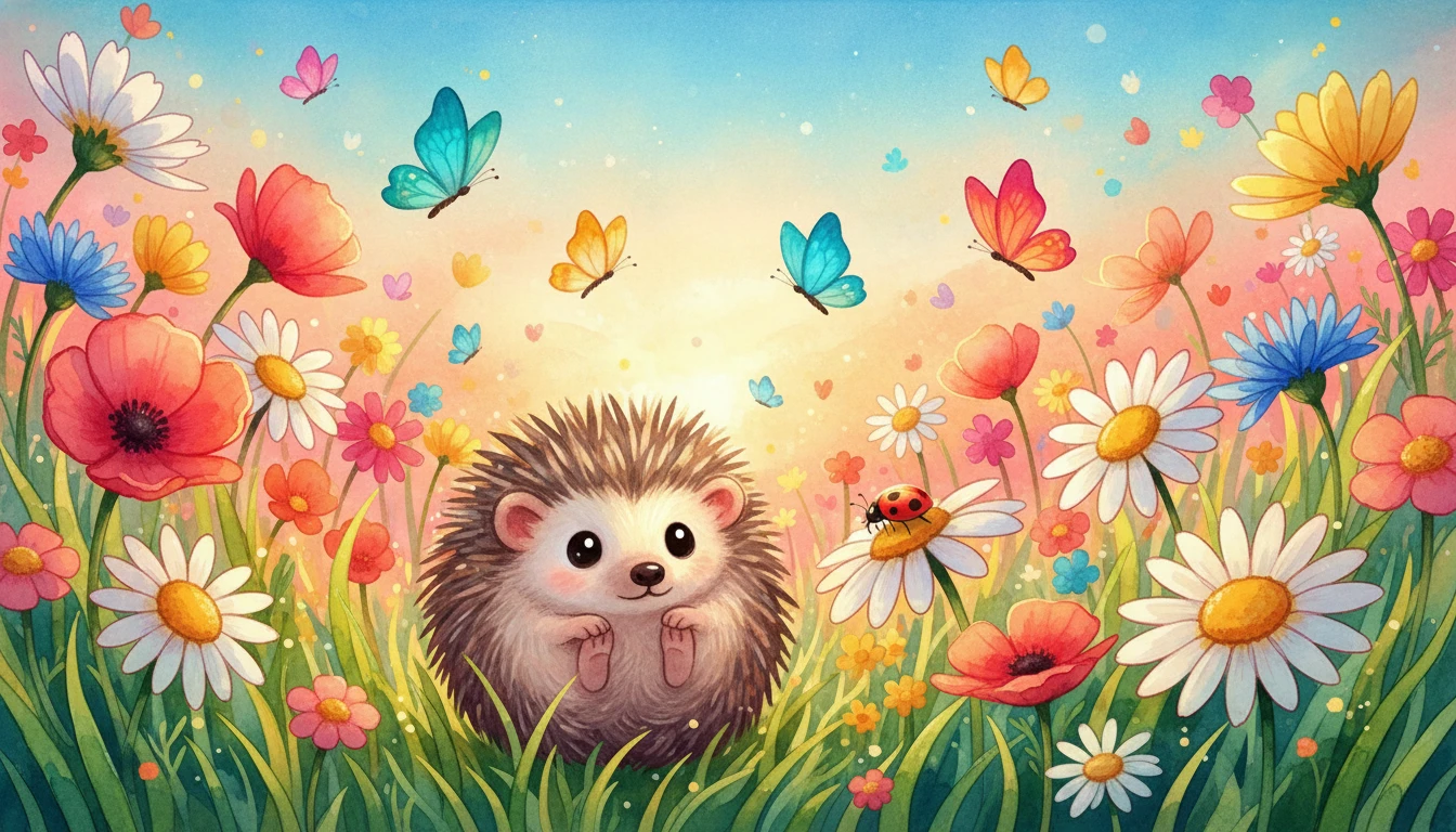 Hedgehog Curled Among Wildflowers In Warm Sunset Meadow