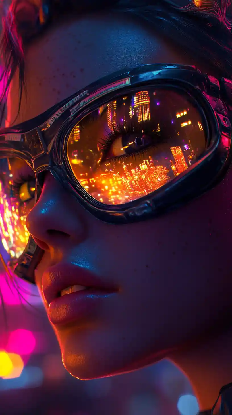 Cybernetic woman close up with neon city reflections