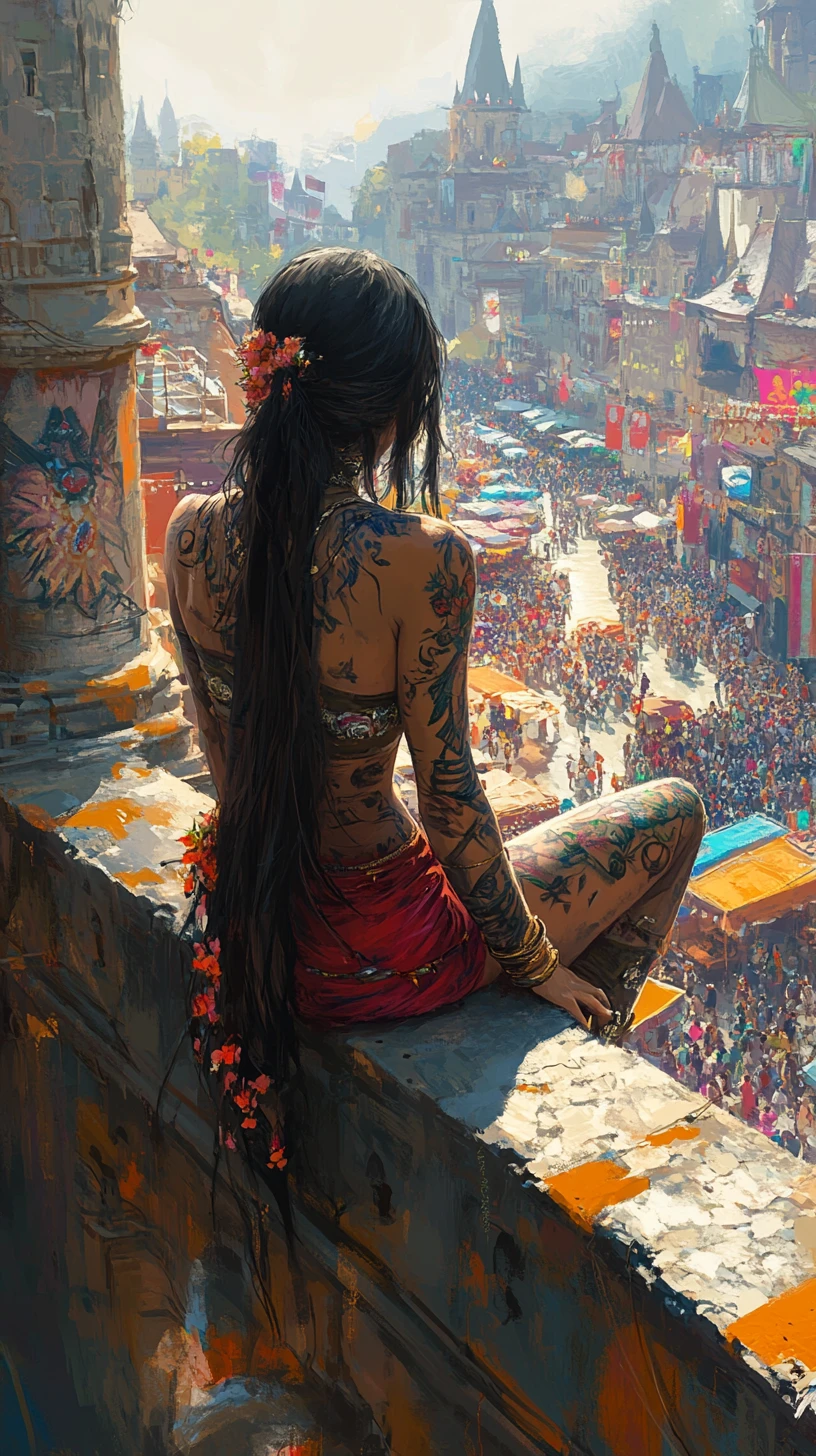 Tattooed anime girl above an ancient tower market