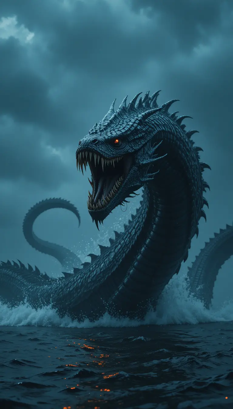 Enormous sea serpent rising from the dark ocean depths