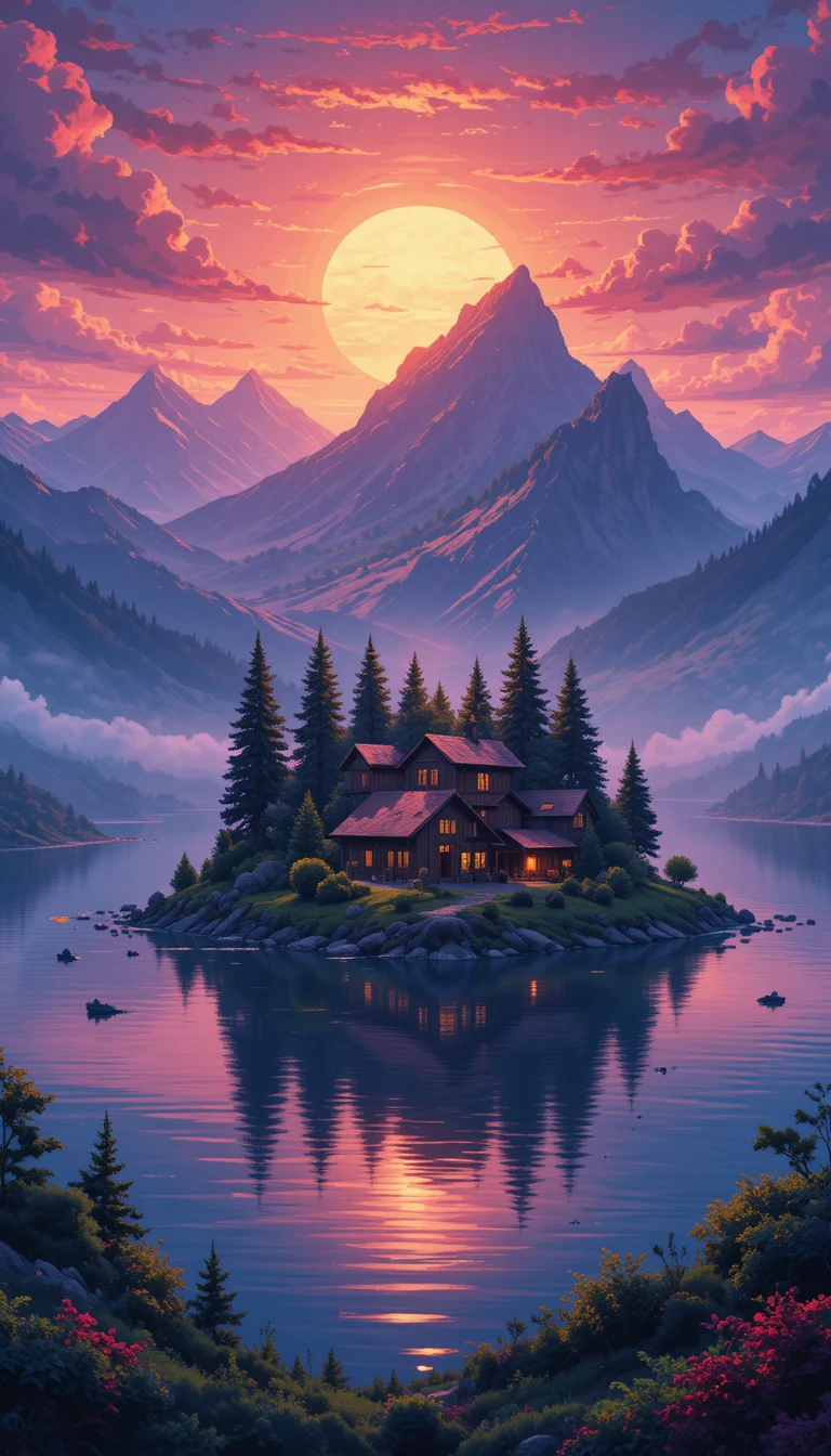 Pixel-Art-Sonnenuntergang über Bergsee mit gemütlichen Inselhütten