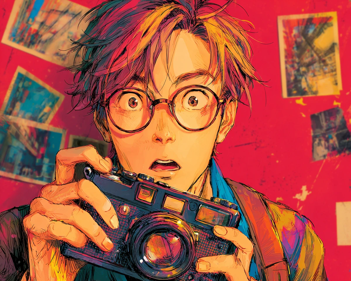 Hombre estilo anime examinando una cámara vintage en un estudio rojo