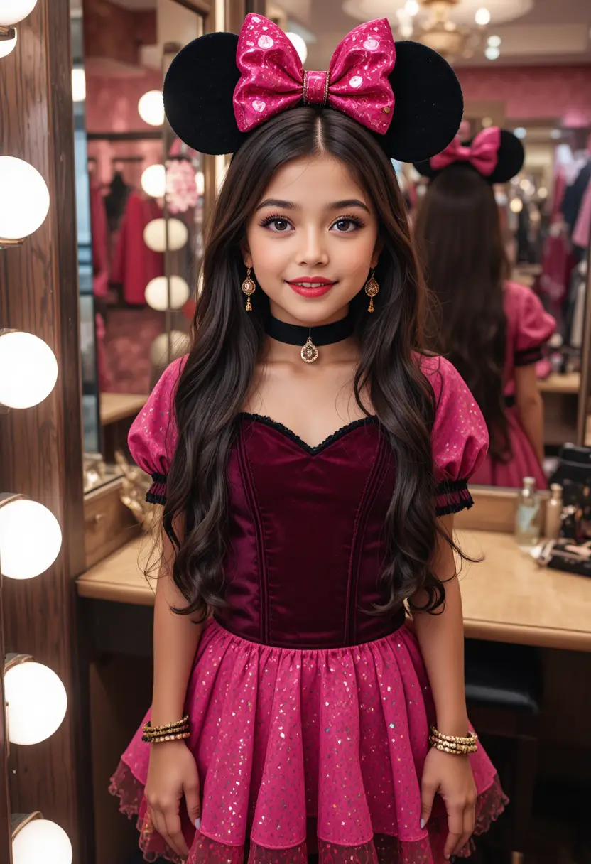 Shy tween in pink Minnie dress at boutique vanity