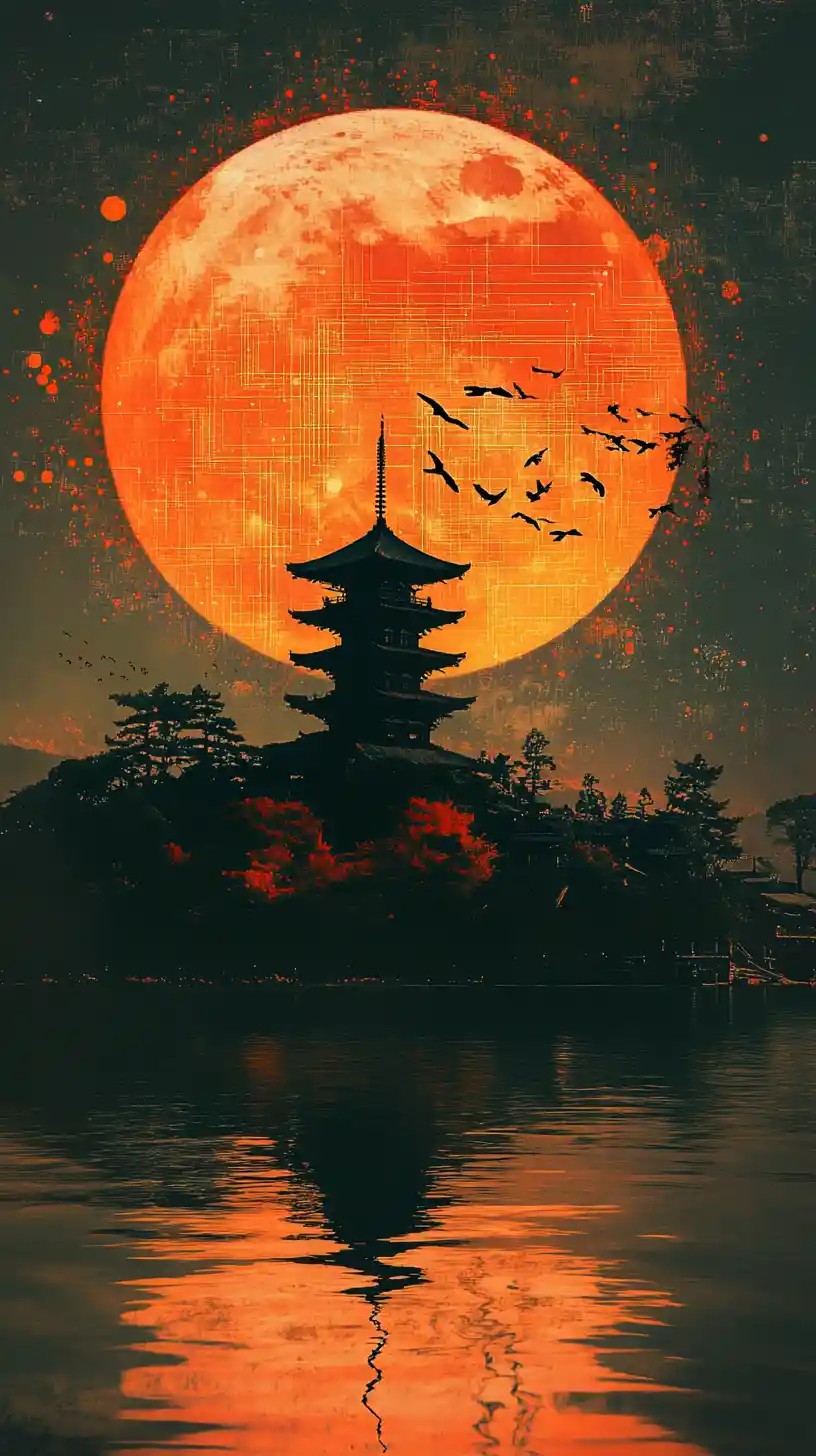 거대한 달 아래 호숫가에 자리한 일본 파고다 마을