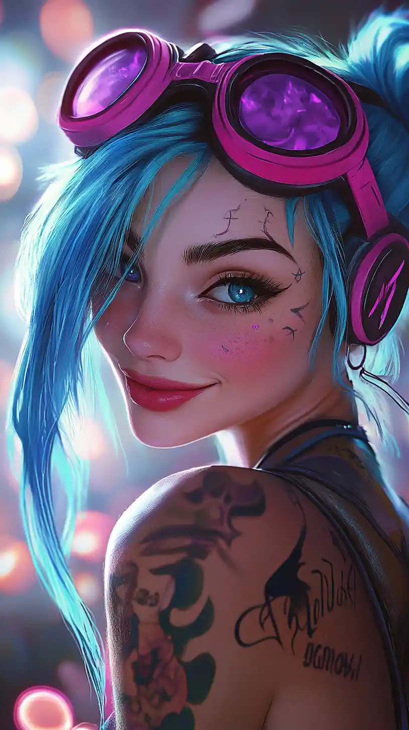 Playful blue haired anime girl with goggles winking close up