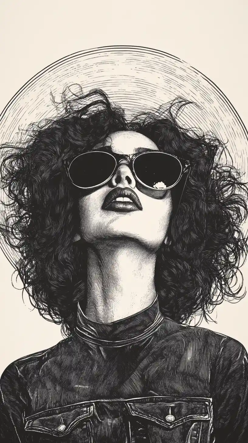 Mysterious woman in sunglasses with halo woodcut portrait