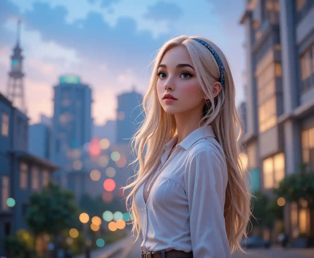 Blonde girl in white shirt at sunset city skyline
