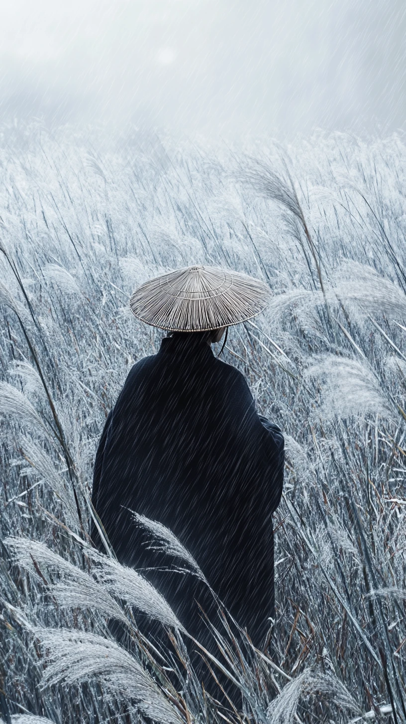 Viaggiatore solitario tra le pampas sotto una soffice pioggia di nebbia