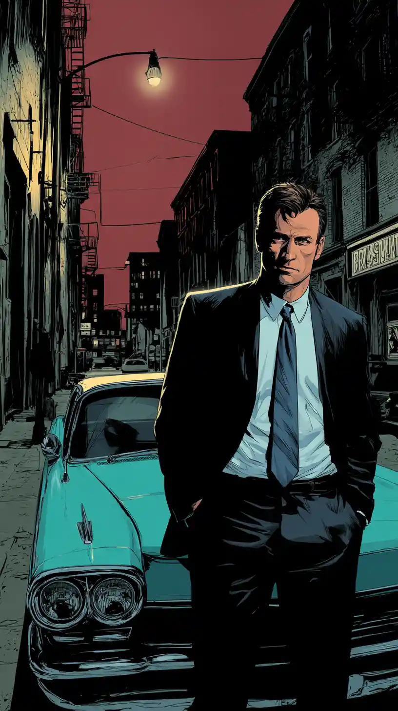 Man in suit beside classic car in dark city alley
