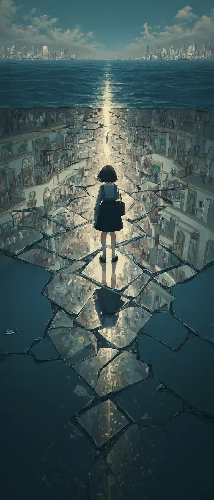 Schoolgirl Standing On Dark Ocean Holding Glowing Egg