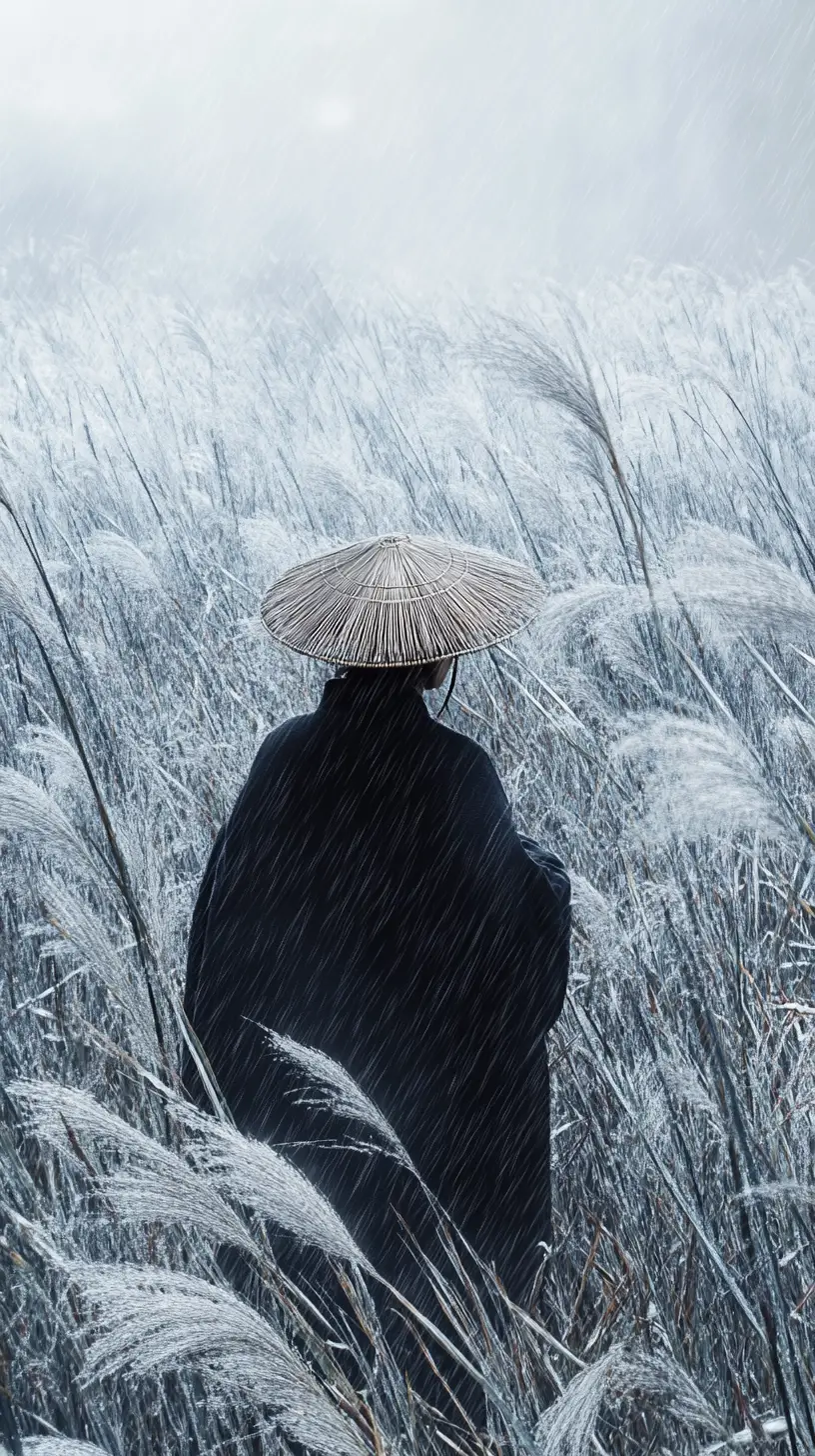 Viaggiatore solitario tra le pampas sotto una soffice pioggia di nebbia