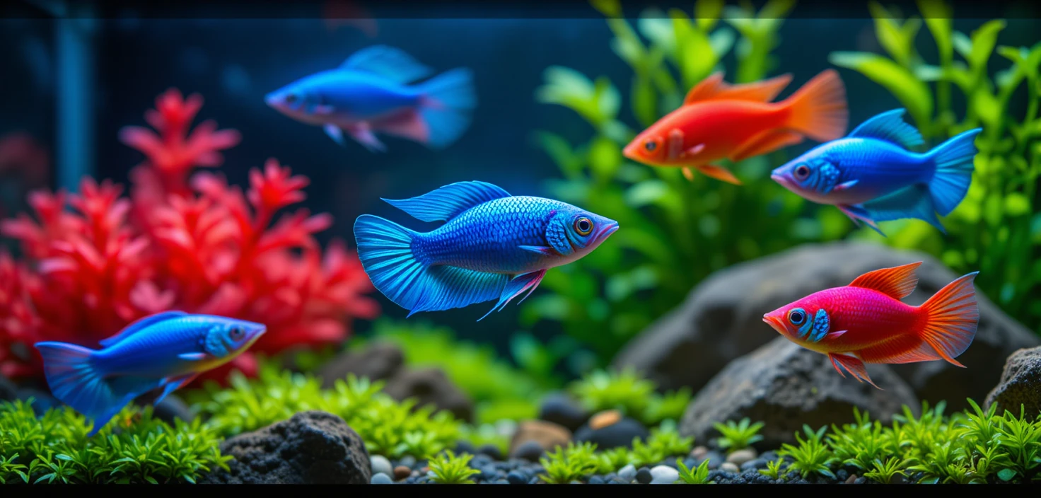 Pesci neon tetra in primo piano in un acquario piantumato rigoglioso