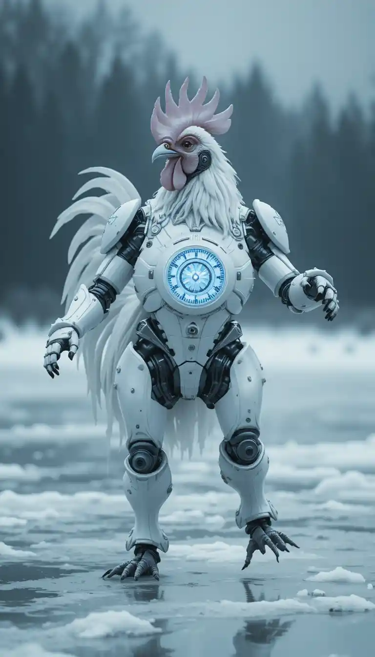 Mechanical rooster dancing gracefully on a frozen lake