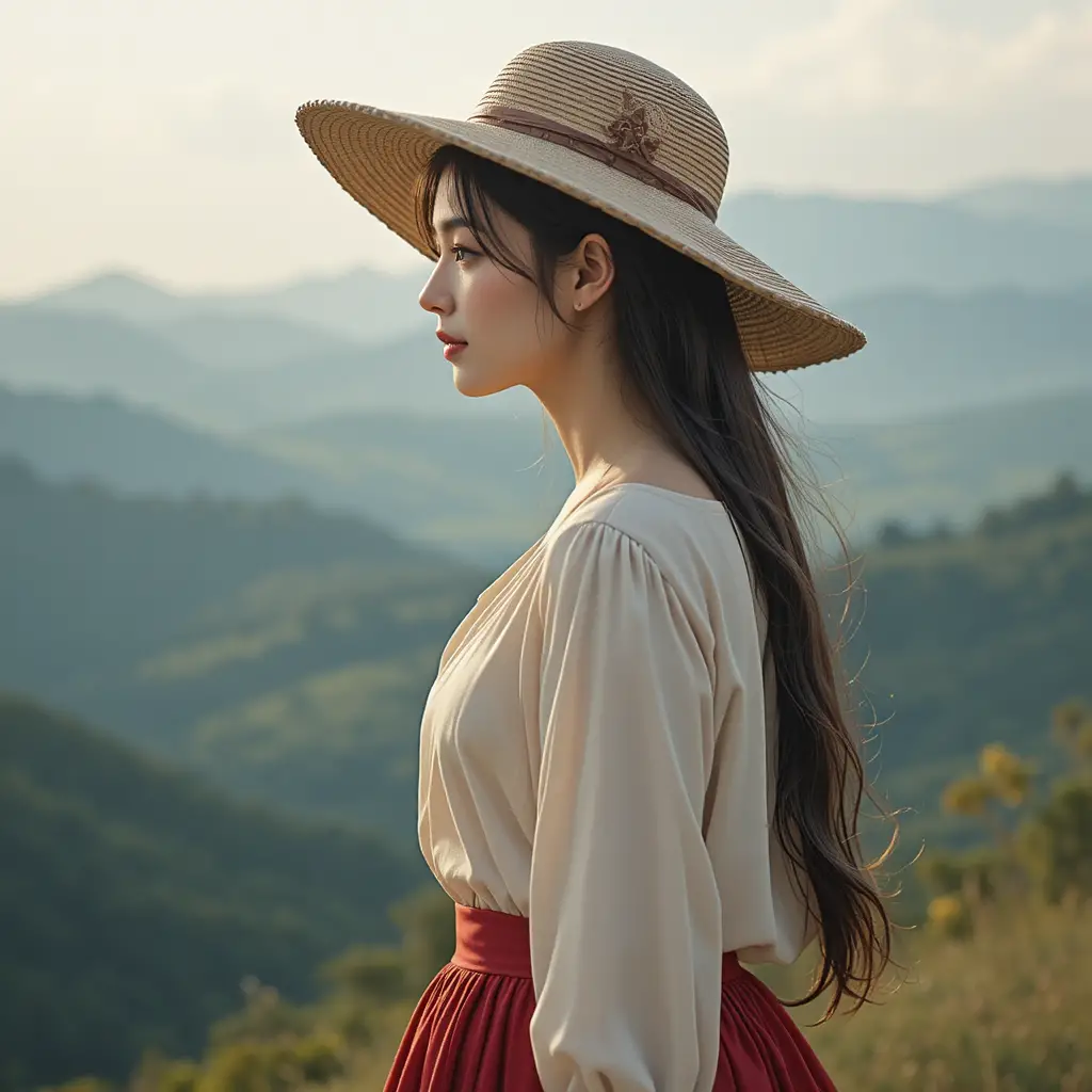 Young woman in red skirt lost in quiet contemplation