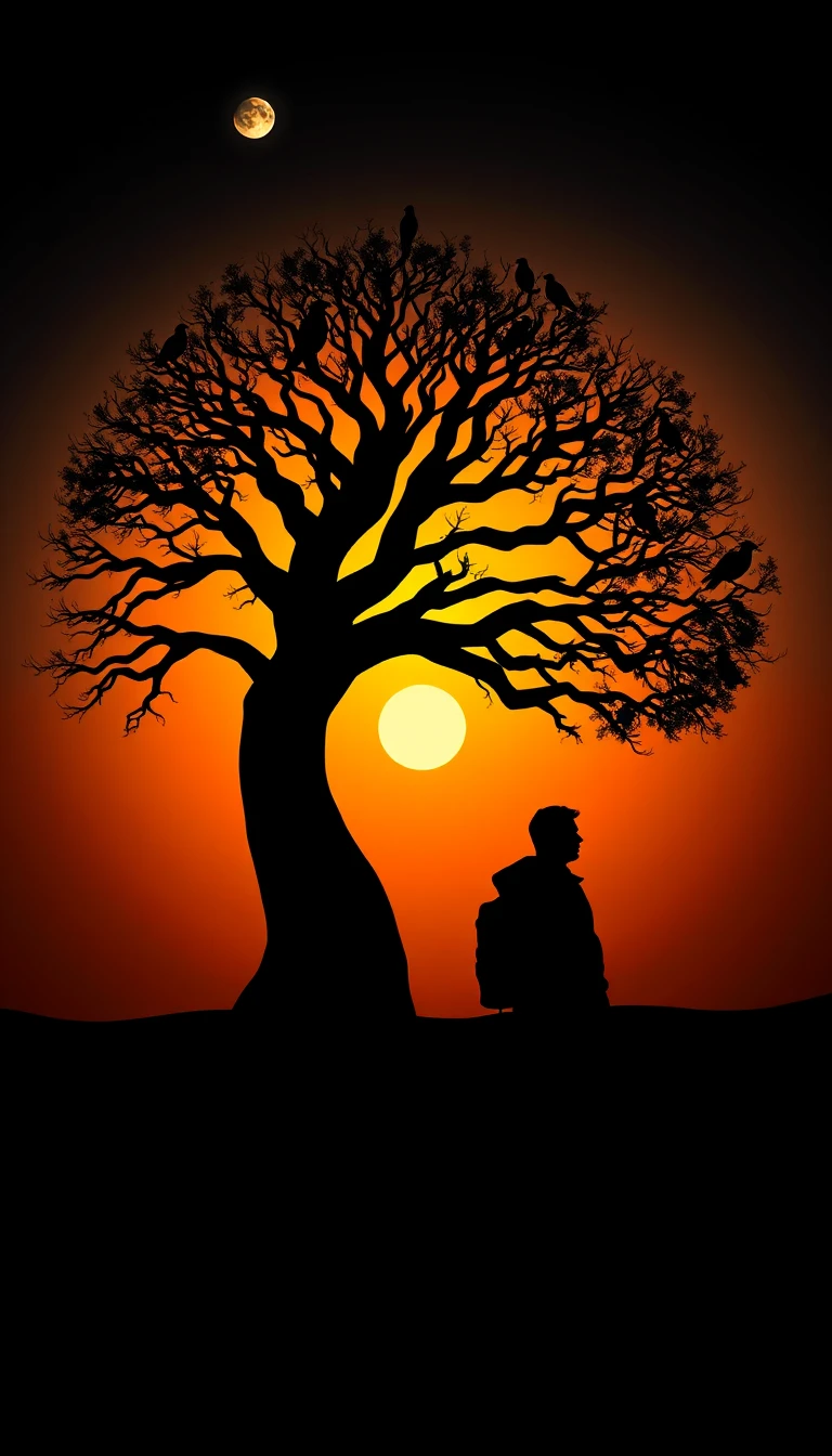 Silhouette surreale di testa‑albero al tramonto con viaggiatore solitario