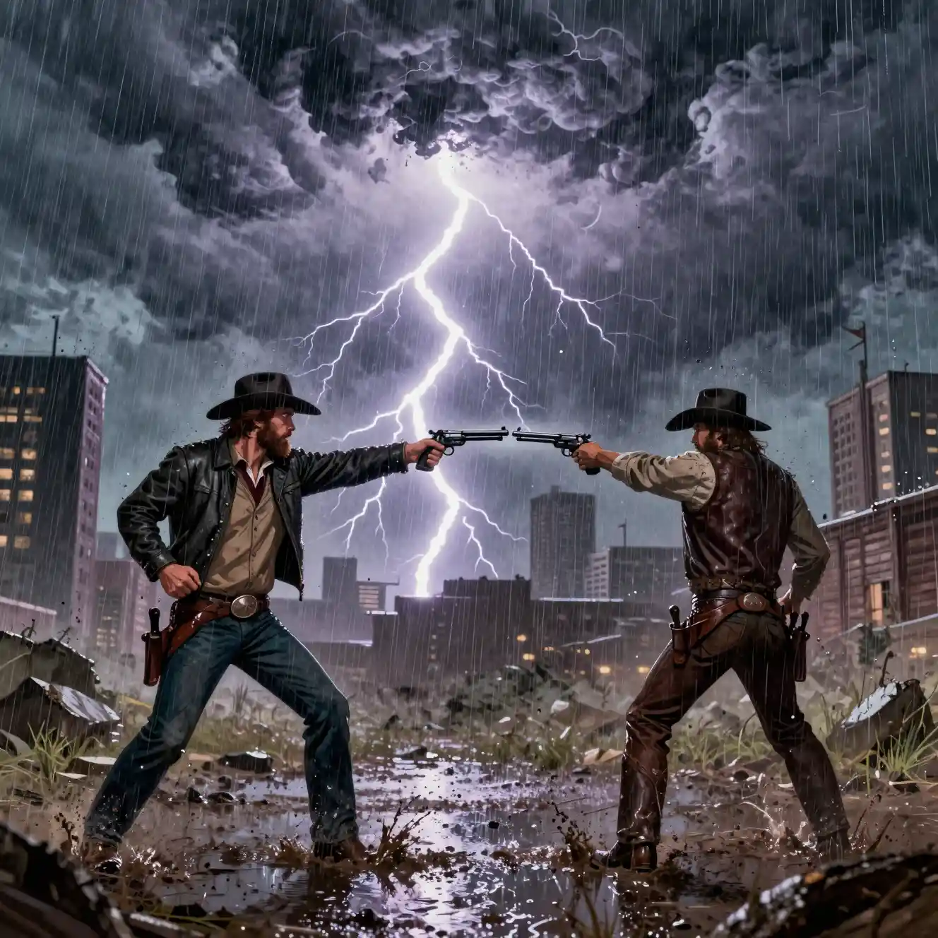 Two cowboys face off in a stormy western city street
