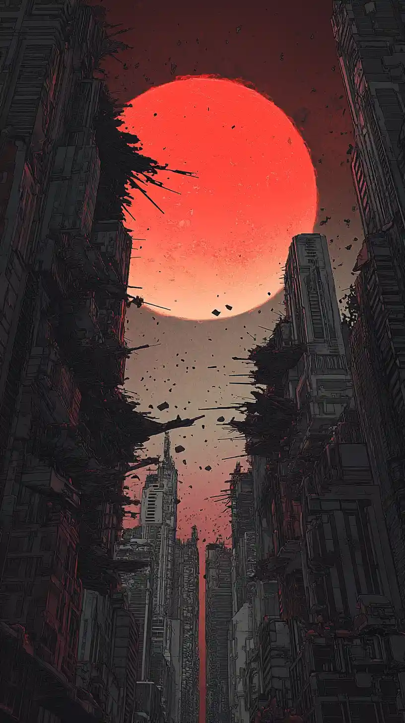 Crumbling sci fi megastructure before a blood red sun