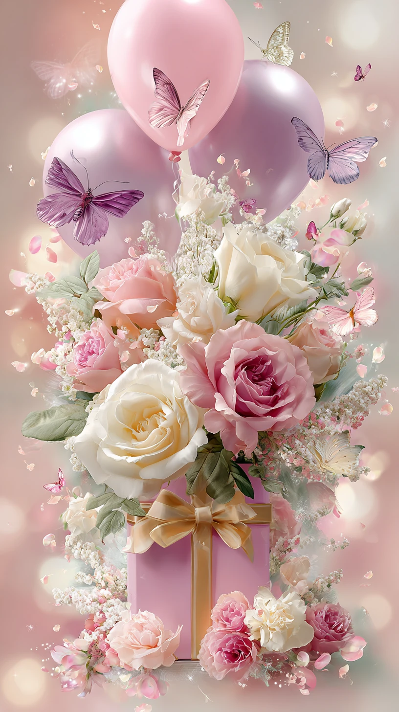 Elegante ramo de rosas con caja de regalo y globos flotantes