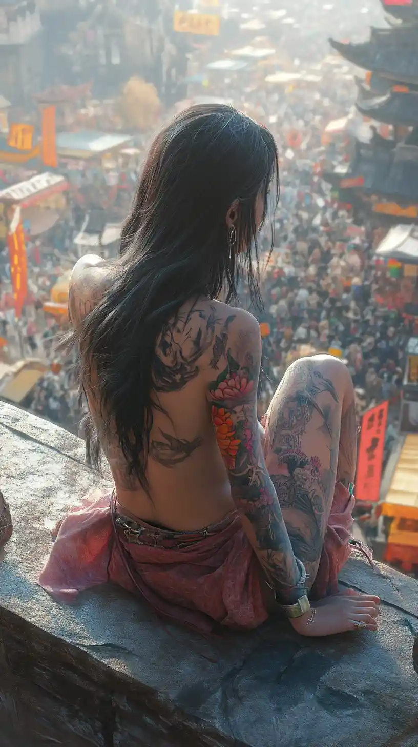 Garota de anime tatuada no topo de torre antiga acima de mercado movimentado