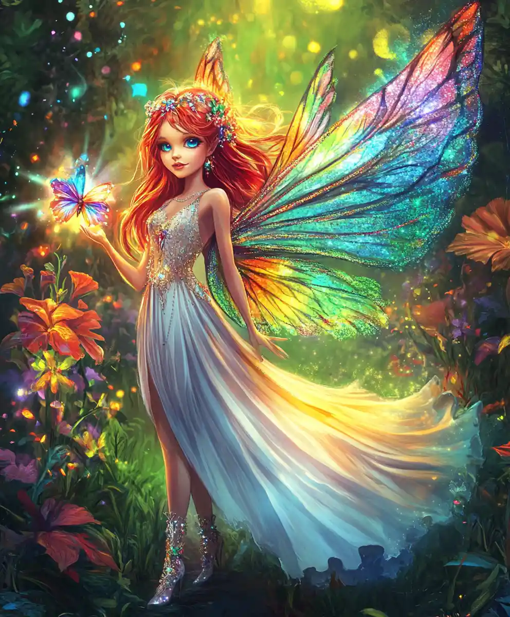 Rainbow eyed fairy girl in a glowing forest