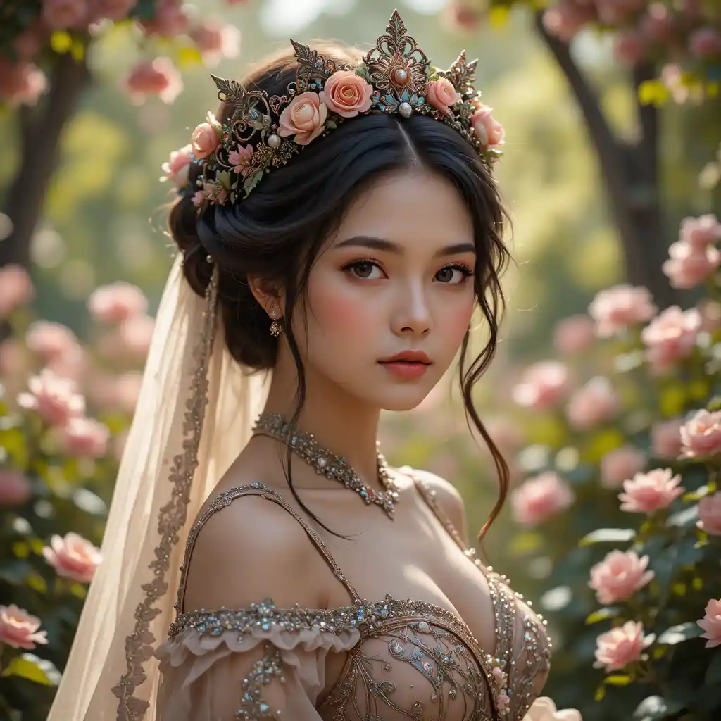 Fantasy princess portrait in a lush pink blossom garden