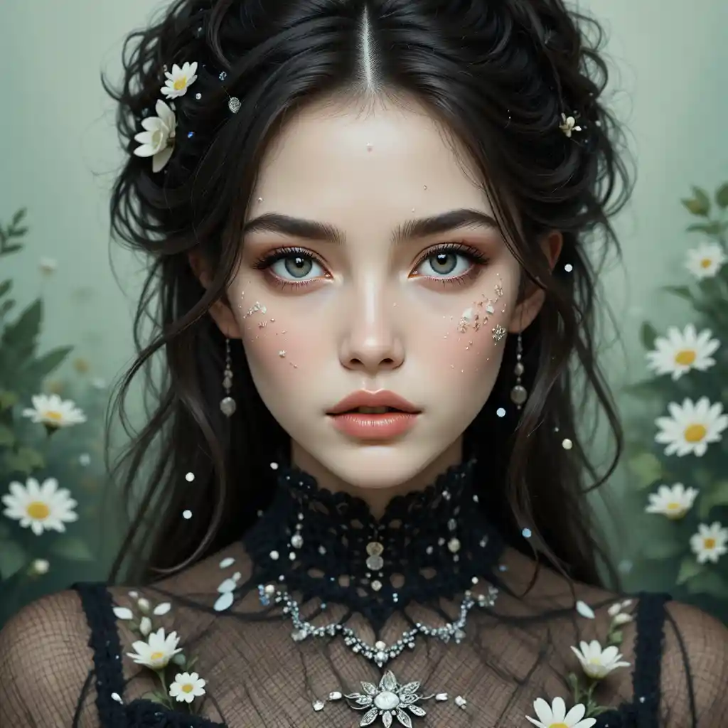 Portrait mystique d’une jeune femme aux détails floraux
