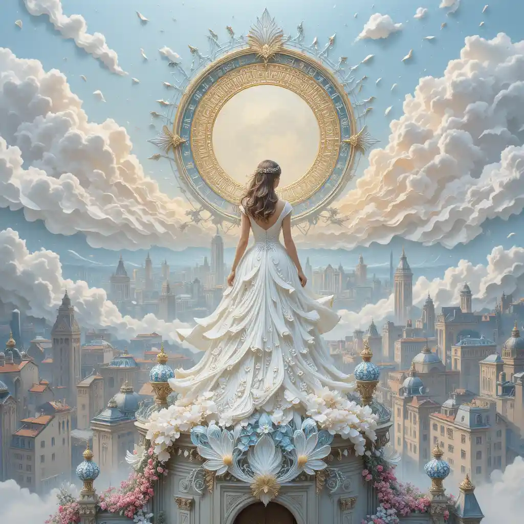 Girl in white dress on city rooftop made of quilling