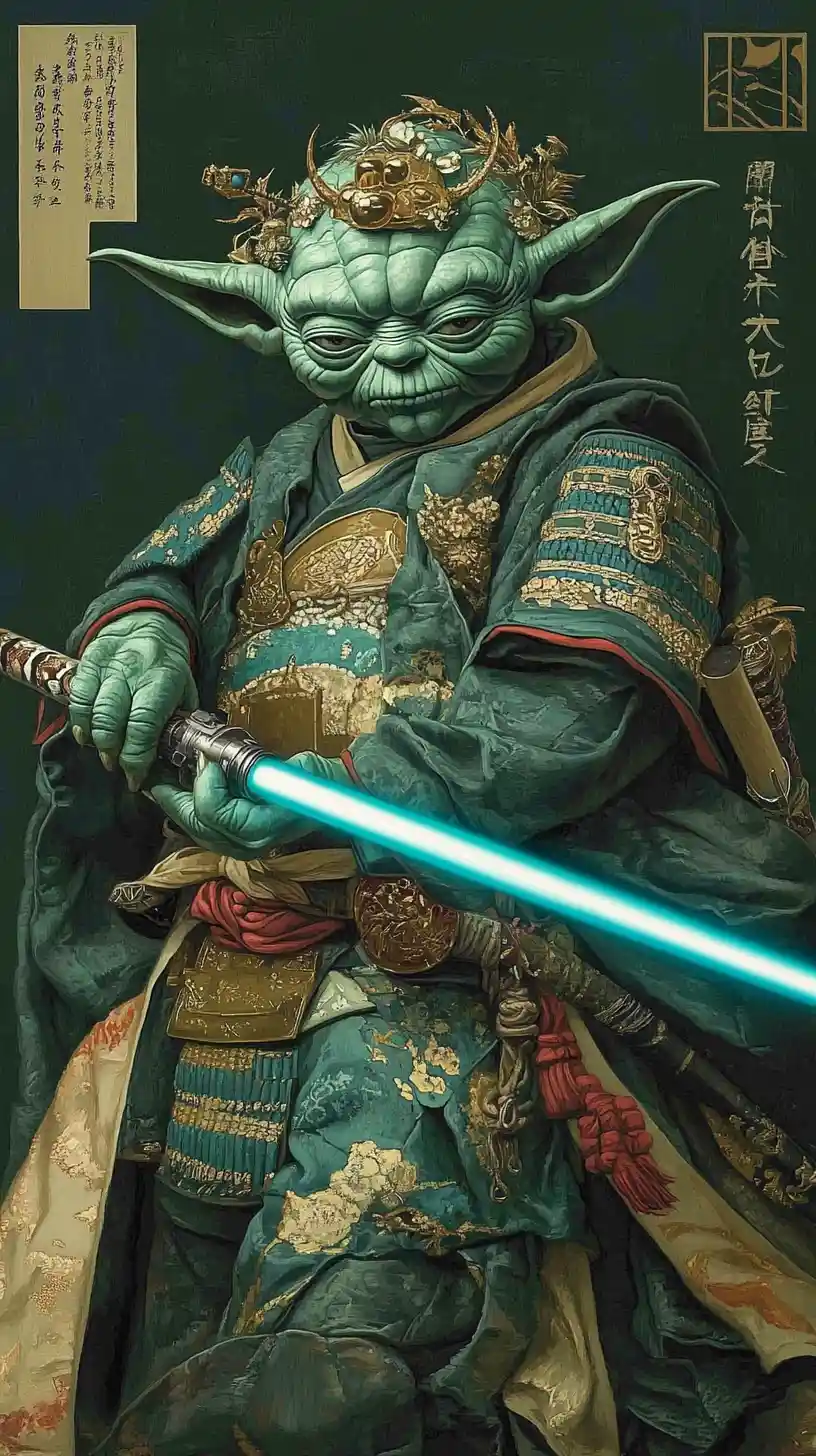 Samurai warrior holding a glowing blue green lightsaber