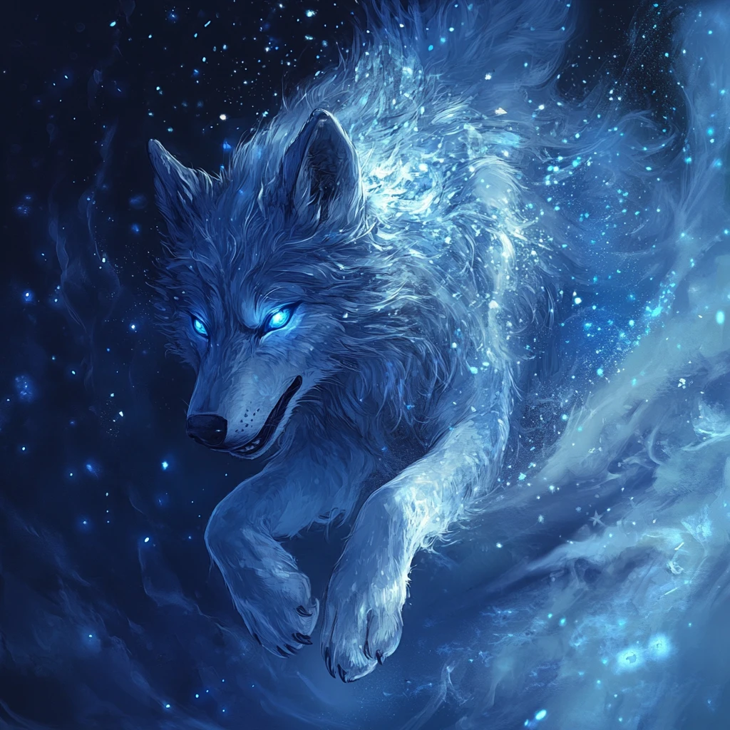 Silver blue wolf lunging under a starry moonlit sky