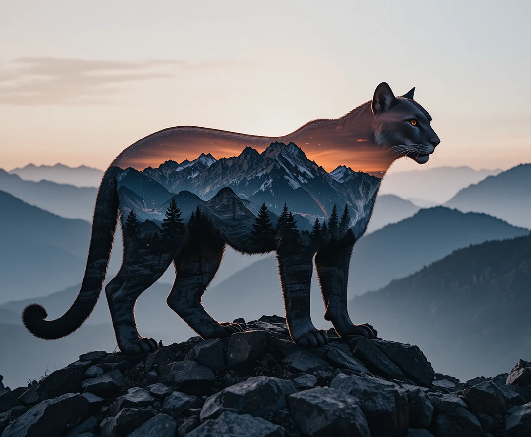 Doble exposición de silueta de león con atardecer luminoso en la montaña