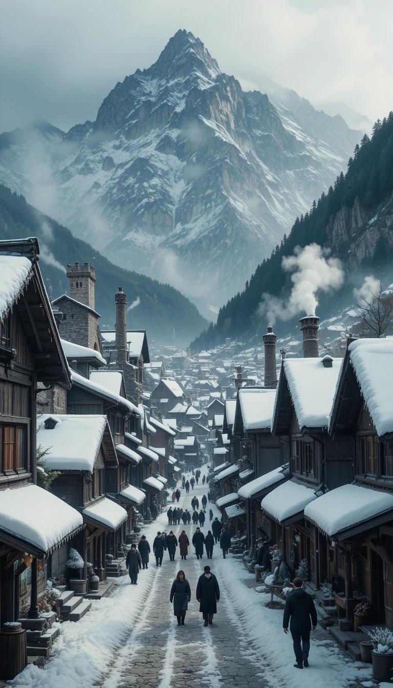 Medieval mountain town in winter with busy snowy streets
