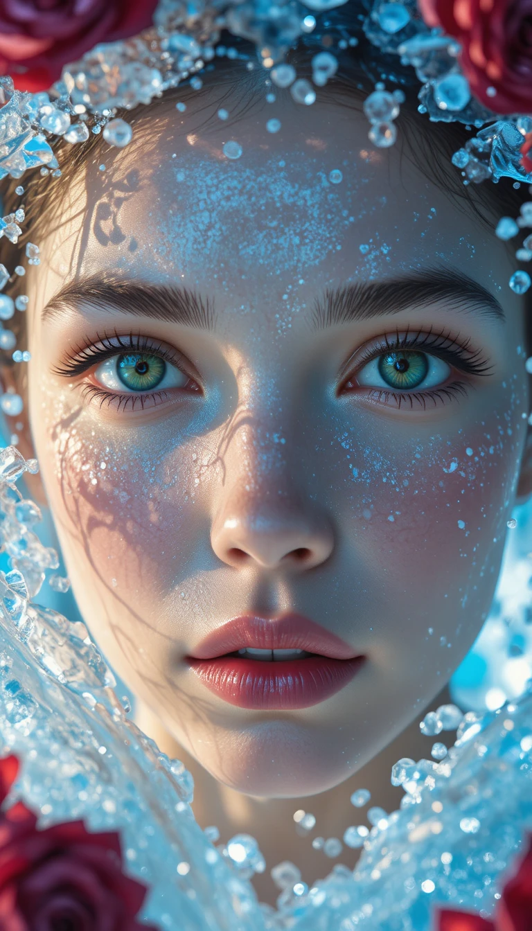 Woman submerged in clear ice with luminous green eyes