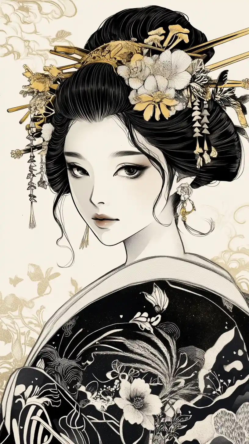 Retrato de geisha en dramático estilo ukiyo-e monocromático a tinta