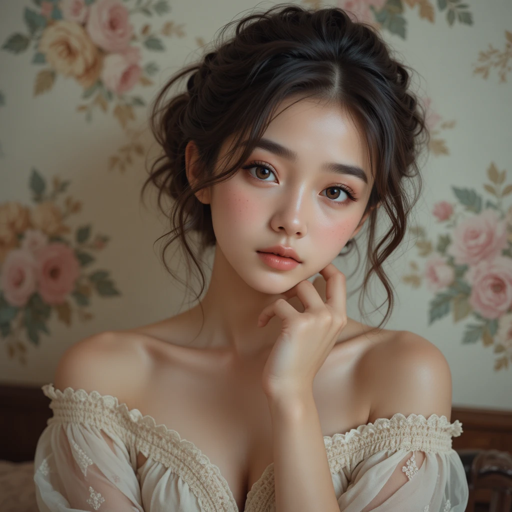 Young woman portrait against vintage floral wallpaper