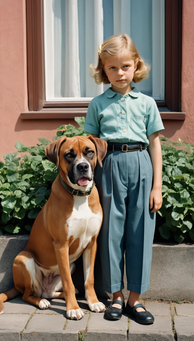 Young girl and boxer dog resting on an old window sill